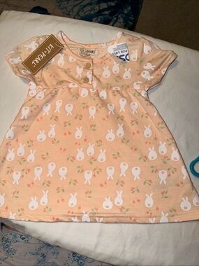 Peach Bunny Print Short-Sleeve Dress for Kids